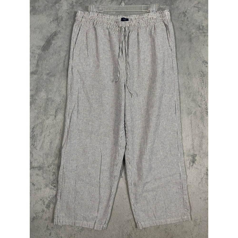 J.Crew Pants Sz 12 Gray White Striped Wide Leg Linen Blend Pull On Coastal